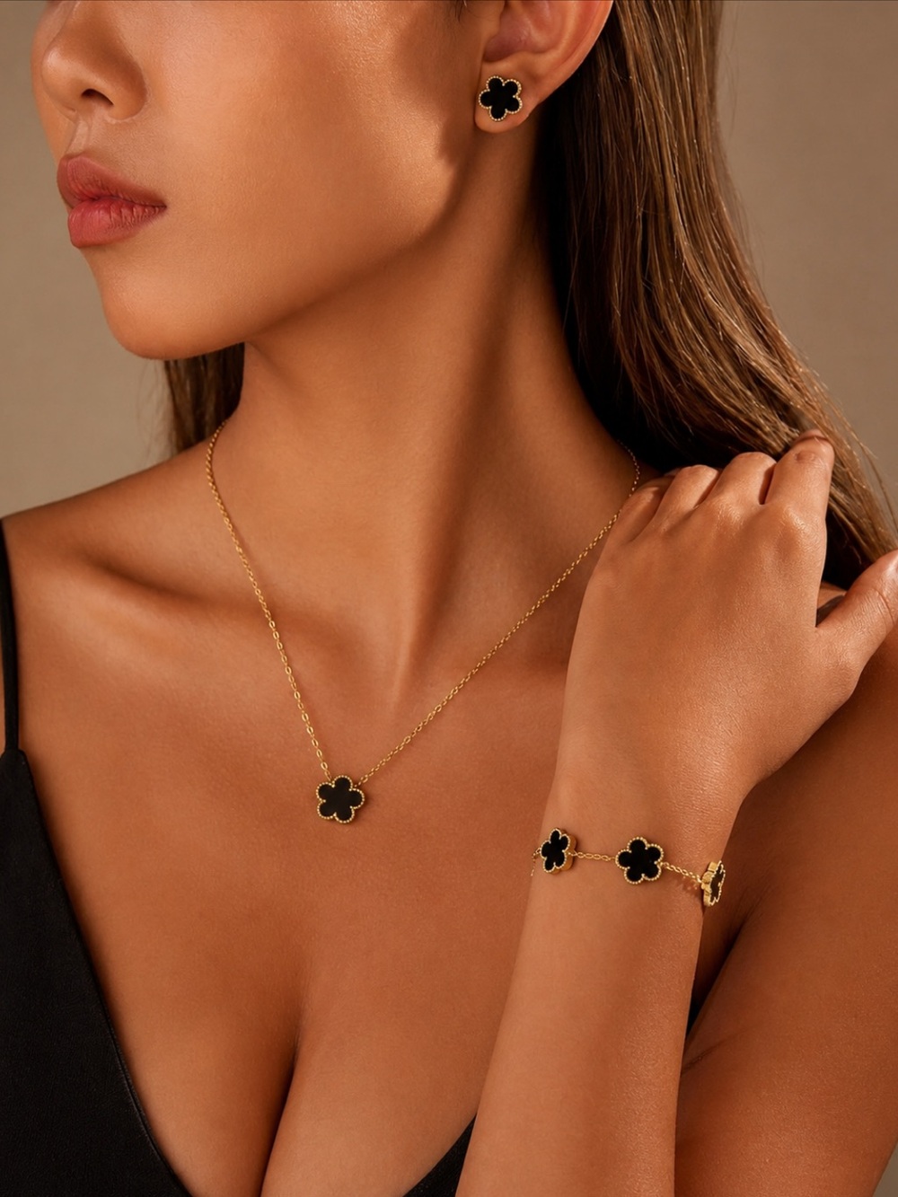 14K Gold Black Leaf Clover Jewelry Set Necklace Bracelet Earrings Lucky Charm